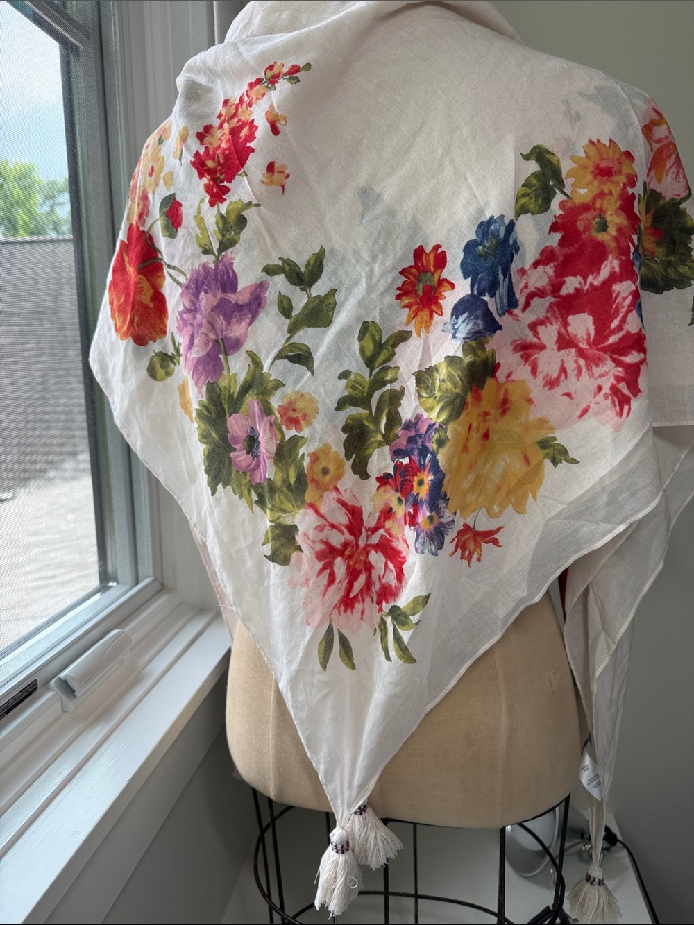 J Jill square white floral printed scarf with tassels. S.